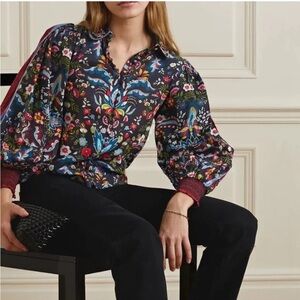 NWT Alice + Olivia Santa Monica Embroidered/ Printed Blouse with Smocking